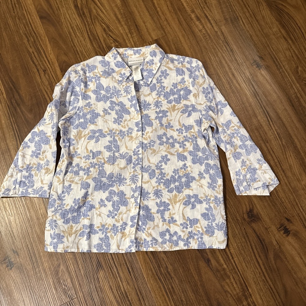 Alfred Dunner Shirt Women's 10P Blue Floral Summer Button Down 3/4 Sleeve